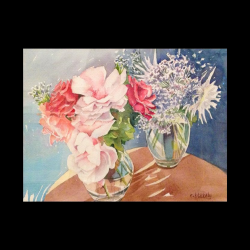 FLOWERS IN TWO VASES - Matted Watercolor Print
