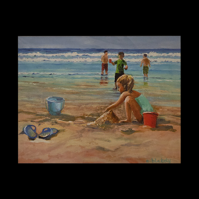 GIRL PLAYS ON BEACH - Matted Watercolor & Pastel Print