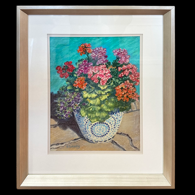 Geraniums in Mosiac Pot - Framed Original Pastel