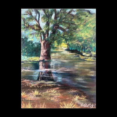 HALLETT PARK OAK IN CREEK - Matted Pastel Print