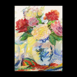 Roses in Blue Vase - Unframed Watercolor and Pastel Print - SOLD