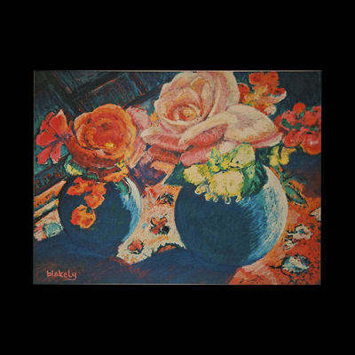 ROSES IN TWO BLUE VASES - Matted Pastel Print