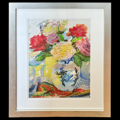 Roses in Blue and White Vase - Framed Print