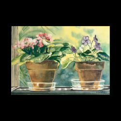 VIOLETS ON THE WINDOWSILL - Watercolor Matted Print